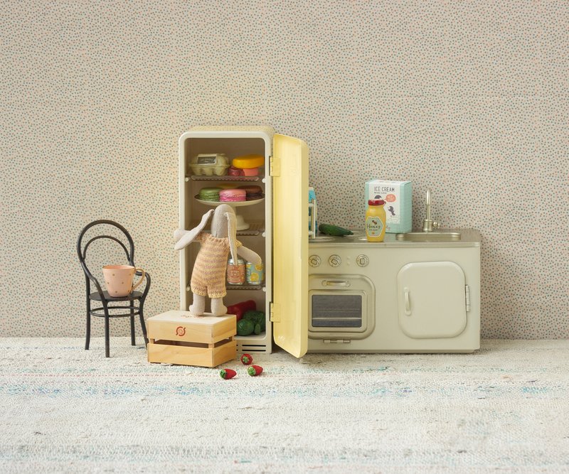 Maileg micro bunny dark powder lifestyle with Maileg kitchen furniture and dollhouse accessories