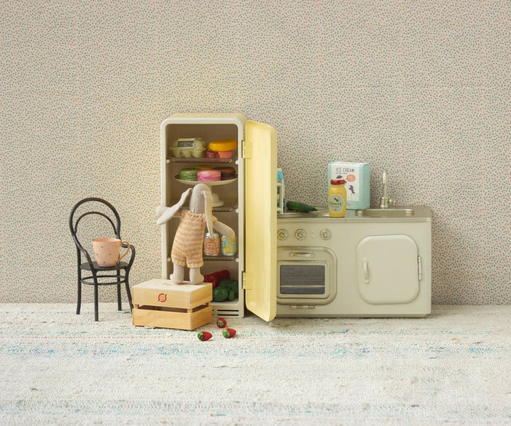 Maileg micro bunny dark powder lifestyle with Maileg kitchen furniture and dollhouse accessories