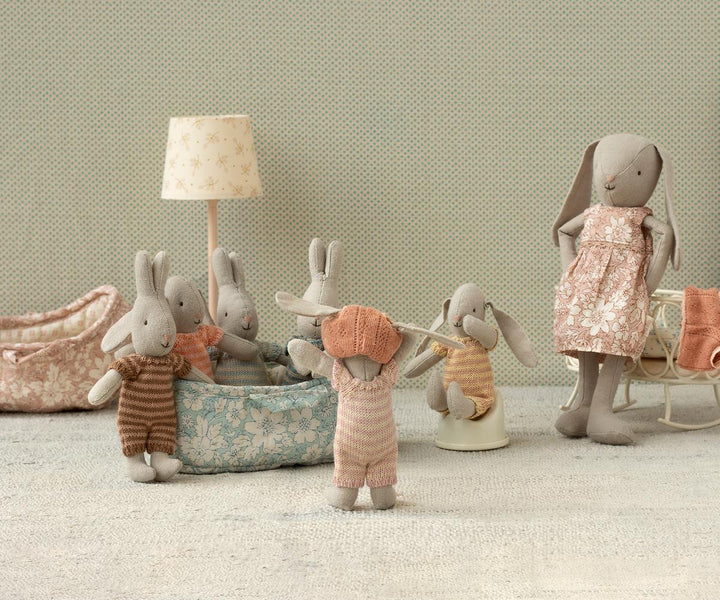 Maileg Bunny Micro Peach with Maileg rabbit characters in nursery scene, miniature bunny dolls