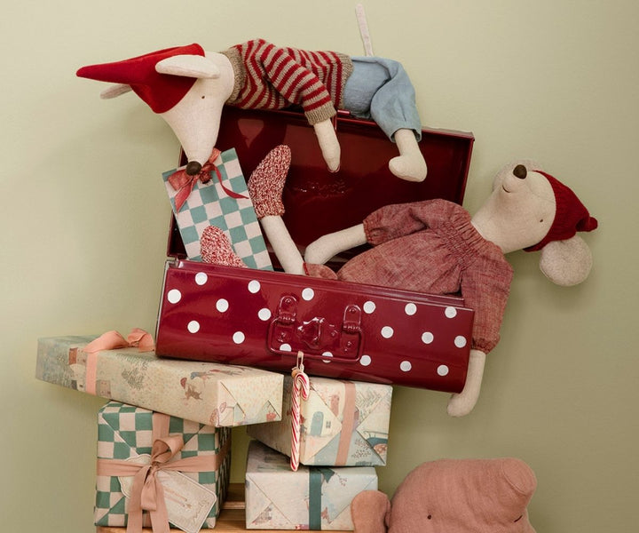 Maxi Girl Christmas mouse by Maileg, soft linen holiday plush for a Christmas mantel display