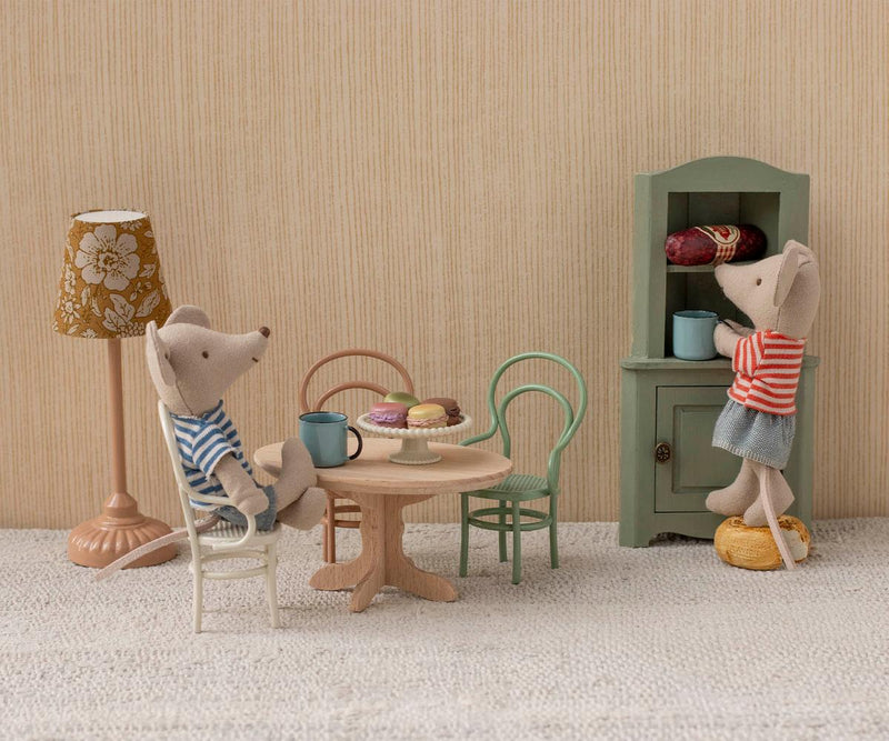 Playful miniature fun with Maileg Louie-Max and Stella Mice in tiny dollhouse settings.
