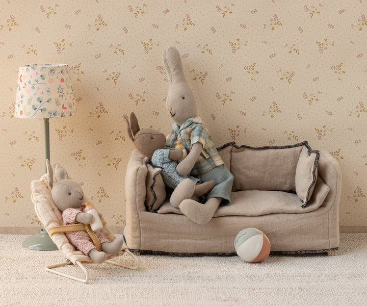 Maileg Couch, Miniature styled in a dollhouse living room scene with bunnies