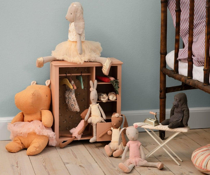 Maileg Medium Honey Hippo stuffed animal styled in neutral playroom scene with Maileg dolls and furniture