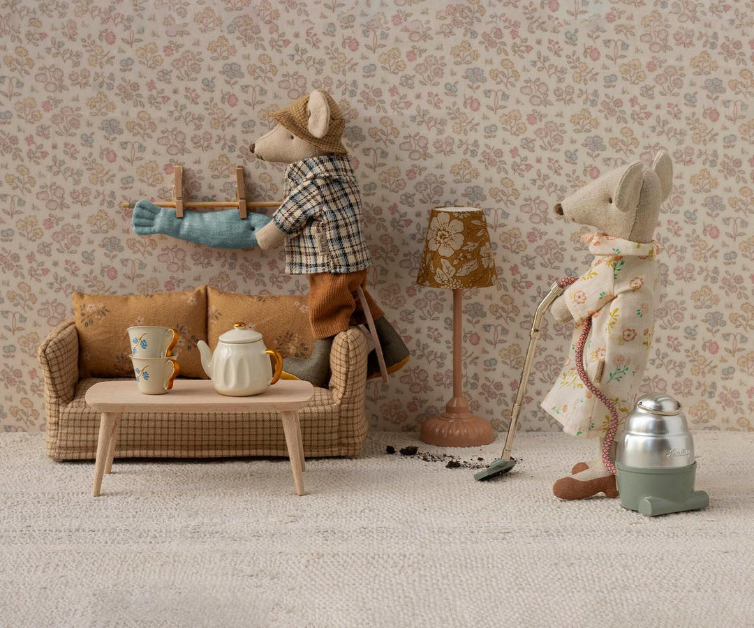 This cozy-looking Maileg Grandad Mouse adds warmth and personality to a Maileg mouse house scene.