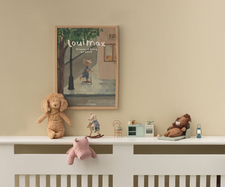 Maileg Small Rose Hippo plush hippo toy styled on childrenÕs shelf with Maileg furniture and toys