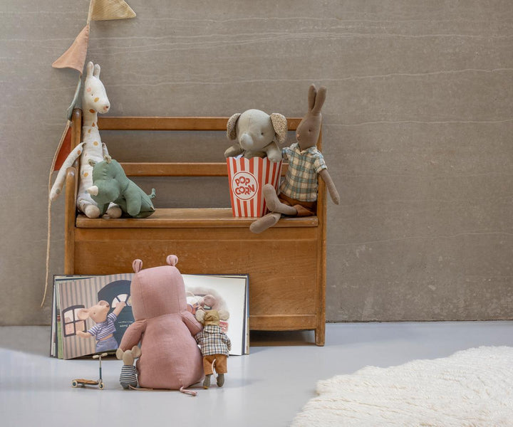 Maileg Small Rose Hippo soft toy in playroom decor scene promoting imaginative and pretend play