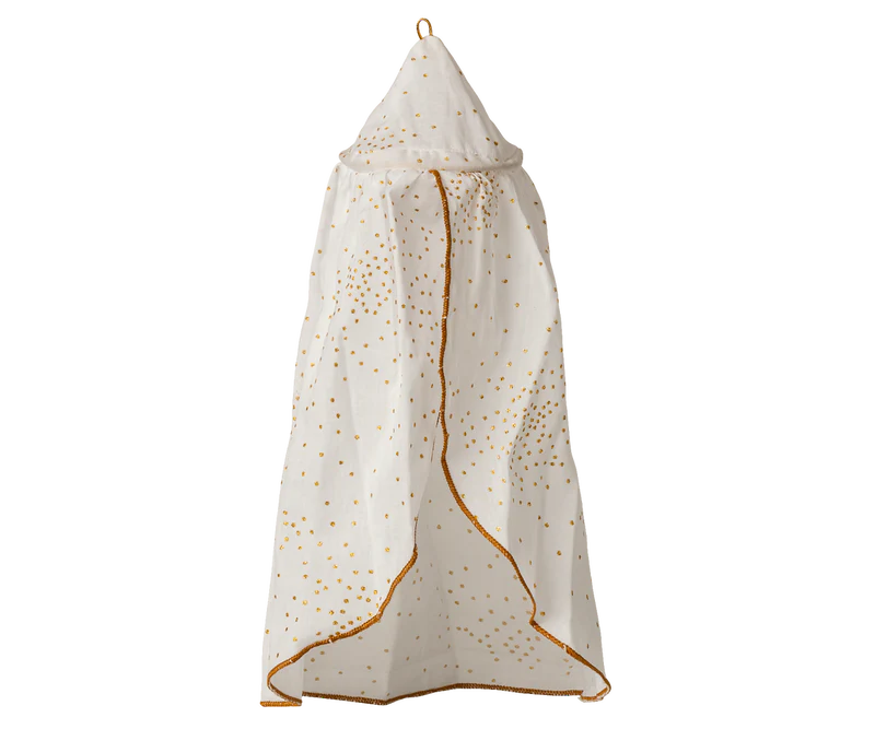 Elegant Maileg Bed Canopy, Miniature in off white adds whimsical charm to dollhouse scenes with beloved Maileg accessories