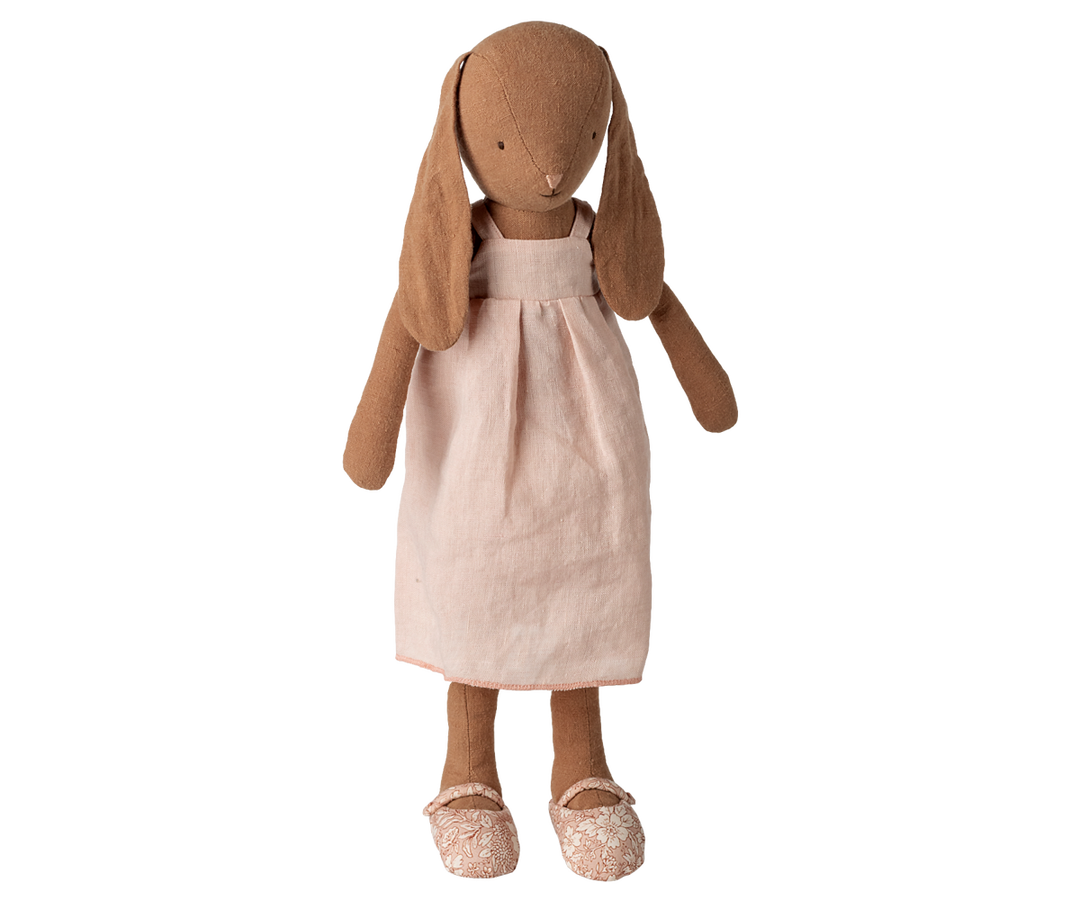 Maileg Bunny Size 3 Chocolate Brown in linen dress and ballet shoes, large Maileg rabbit doll
