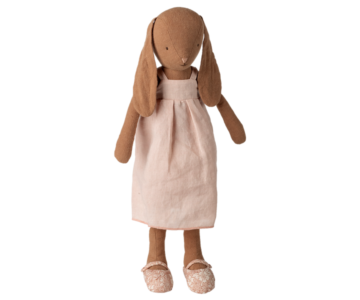 Maileg Bunny Size 3 Chocolate Brown in linen dress and ballet shoes, large Maileg rabbit doll