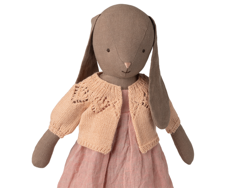 close-up of Maileg size 4 rabbit in light rose cardigan showing lace knit yoke detail