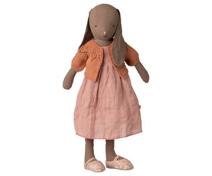Maileg size 4 bunny wearing vintage rose cardigan over pink dress, full body product view
