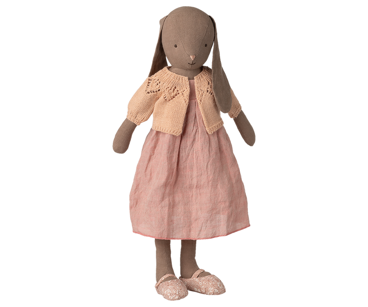 Maileg size 4 bunny wearing light rose cardigan over pink dress, full body front view