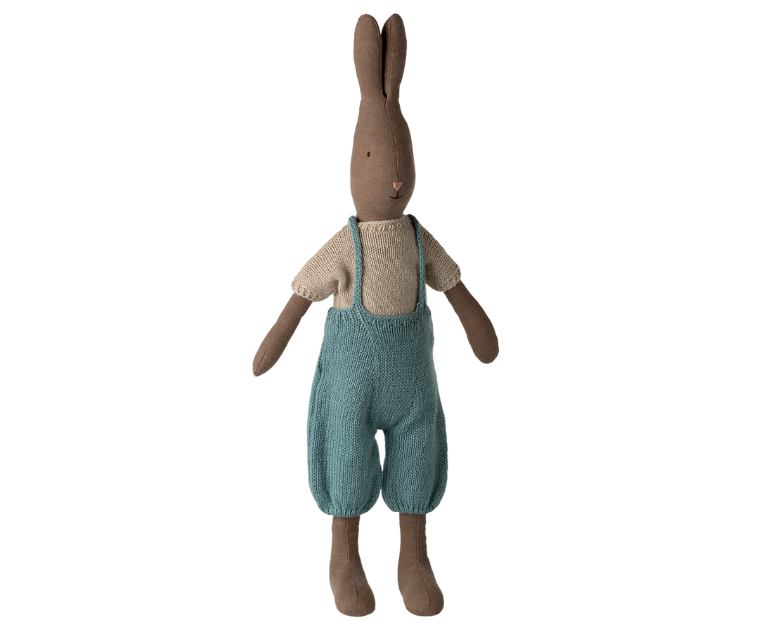 Maileg Rabbit Size 3 Brown knitted shirt and overall, brown size 3 Maileg bunny doll standing