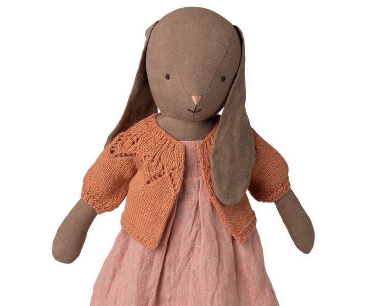 close-up of Maileg size 4 rabbit in vintage rose cardigan, knitted bunny doll outfit detail