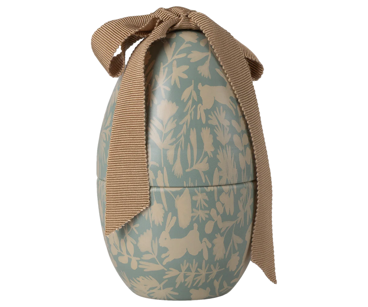 Maileg Dusty Blue Easter Egg small metal decorative Easter egg with illustrated animal print and ribbon bow reusable spring gift container Maileg Easter decor collectible egg