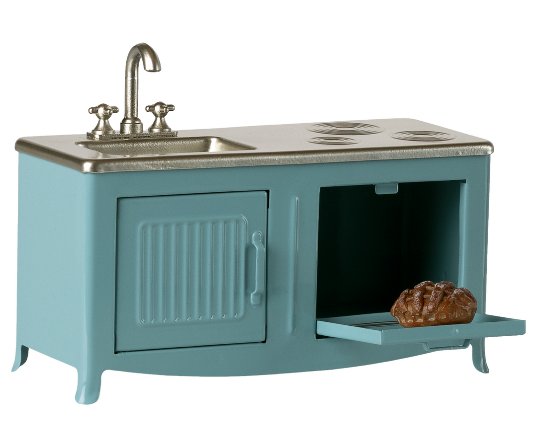 Blue Maileg mouse kitchen set for dollhouse and imaginative kids play