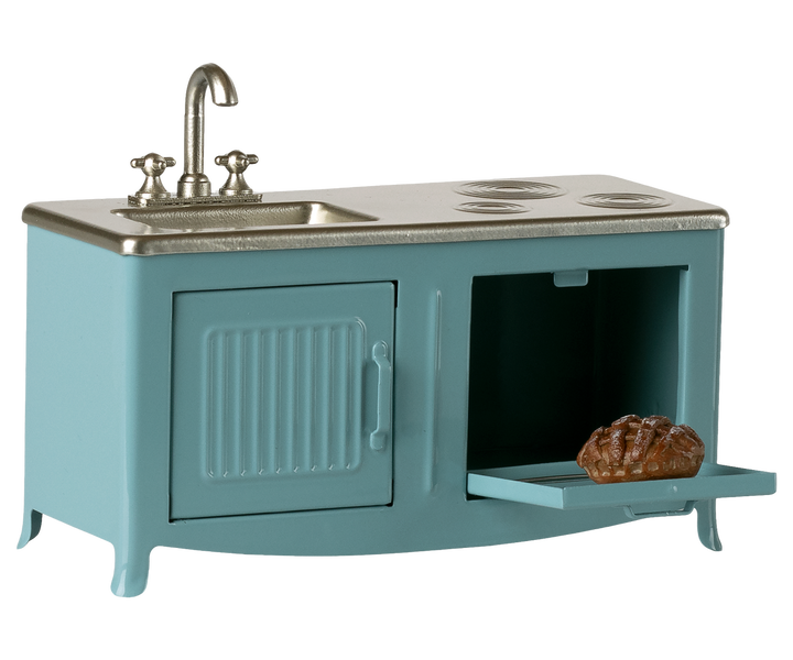 Blue Maileg mouse kitchen set for dollhouse and imaginative kids play