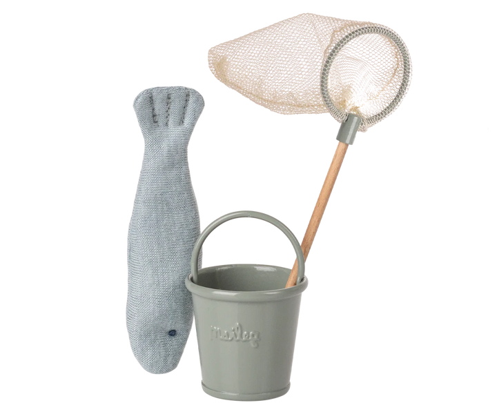 Maileg Mouse Fishing Set with tiny rod and fish, playful dollhouse accessories for imaginative miniature play