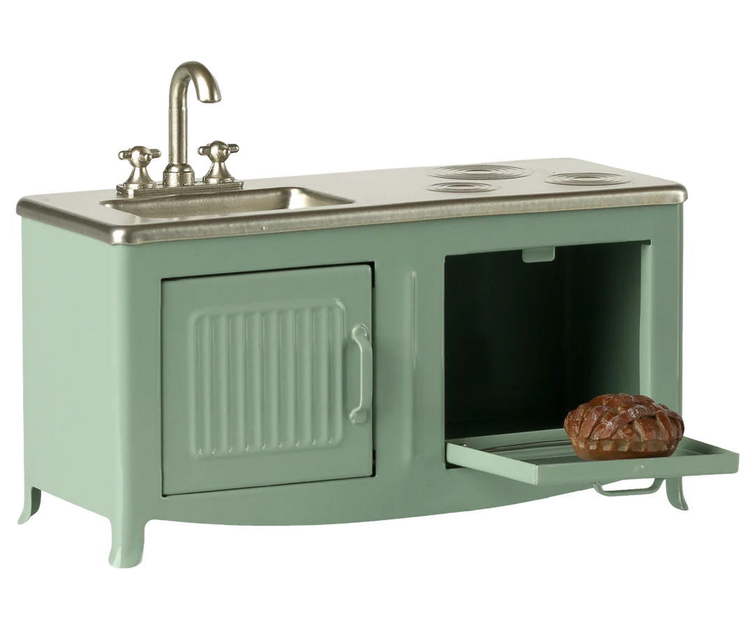 A cozy cooking scene built around the Maileg Mouse Kitchen Ð Mint, designed as whimsical dollhouse accessories
