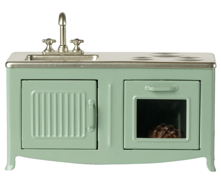 Soft mint Maileg Mouse Kitchen brings charm to small-scale play, a standout piece of dollhouse furniture
