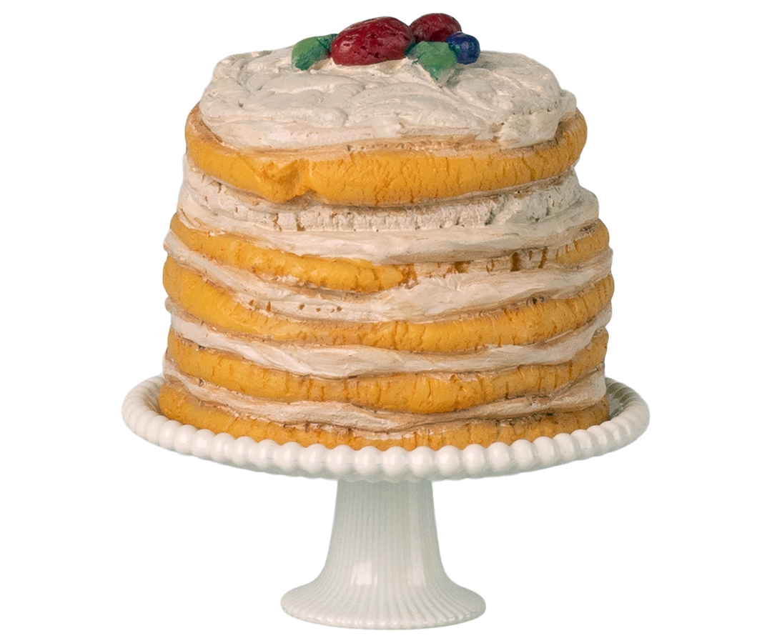 Maileg Party Cake and Cakestand in Off-White – miniature tiered party cake on pedestal stand, hero product shot