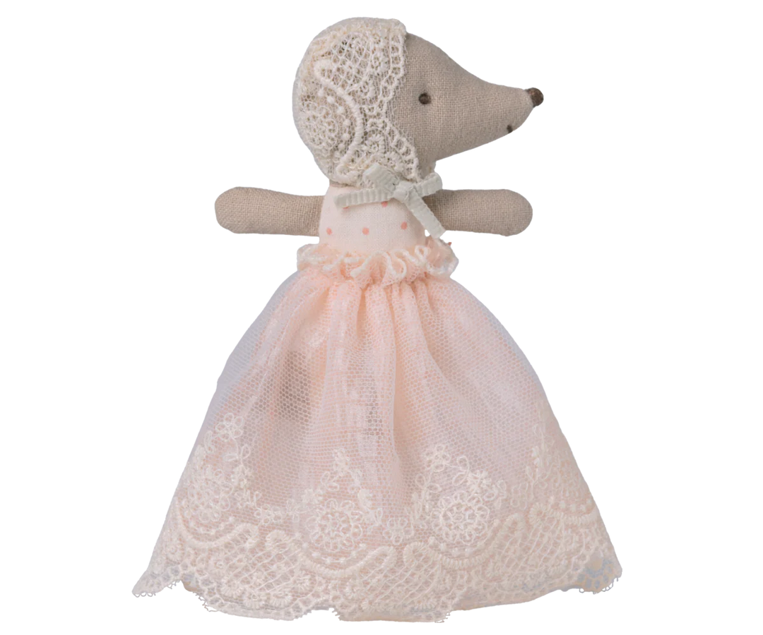 Maileg Baby Mouse in Gown – Powder – tiny baby mouse doll in powder pink gown, front view