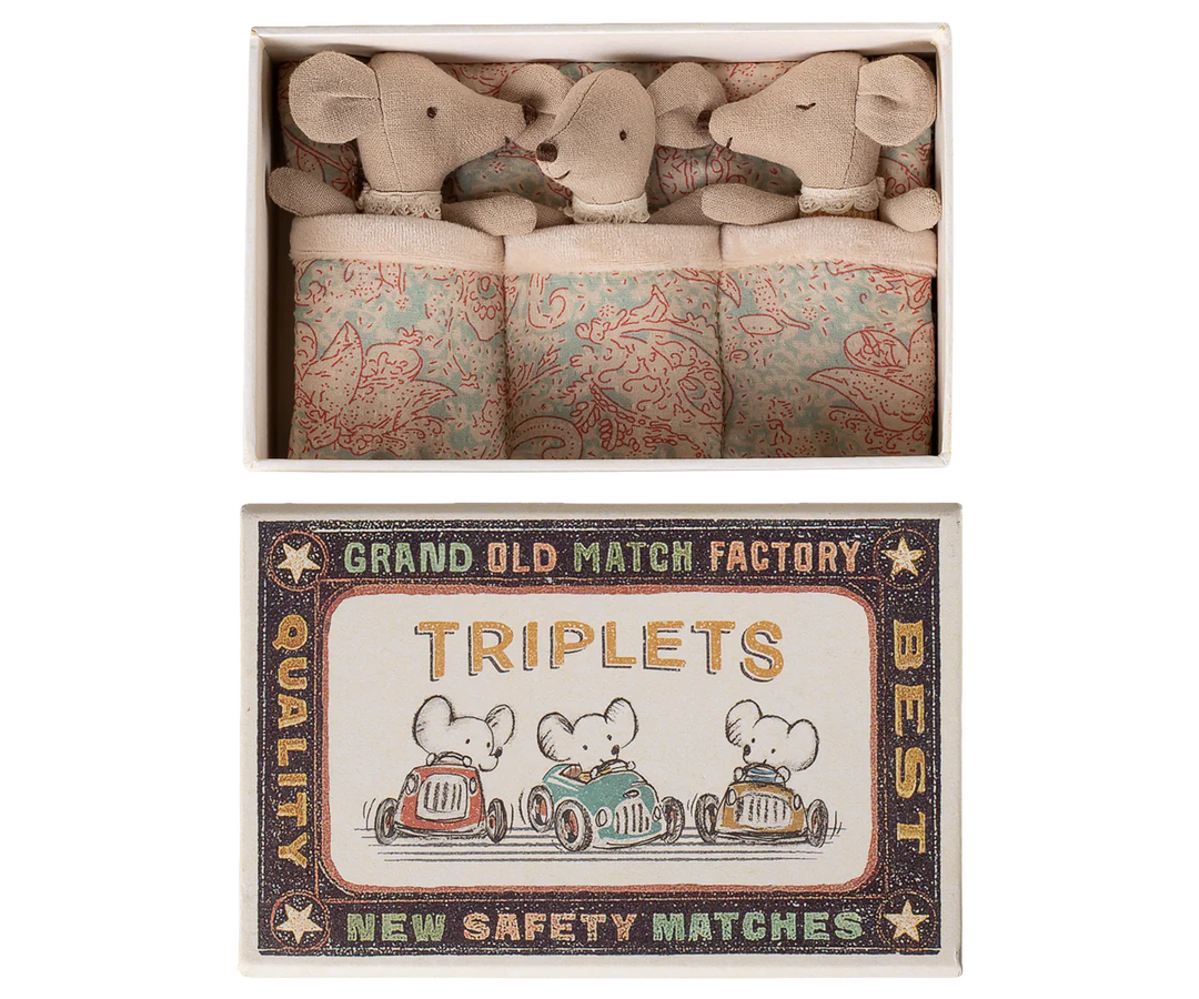 Maileg Triplets Baby Mice in Matchbox Checker lifestyle - three sleeping baby mice in miniature checker matchbox