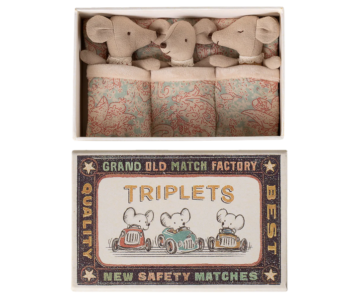 Maileg Triplets Baby Mice in Matchbox Checker lifestyle - three sleeping baby mice in miniature checker matchbox