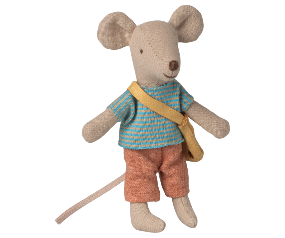 Maileg Little Brother Mouse with Bag - boy mouse doll ready for adventure with his satchel bag