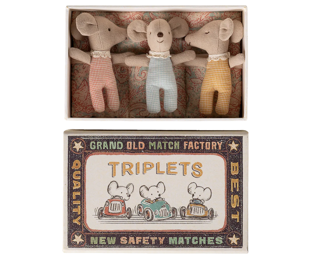 Maileg Triplets Baby Mice in Matchbox Checker - three tiny baby mice in checker pattern sleeping in matchbox