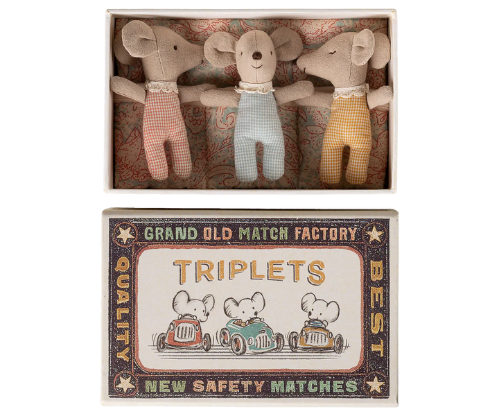 Maileg Triplets Baby Mice in Matchbox Checker - three tiny baby mice in checker pattern sleeping in matchbox