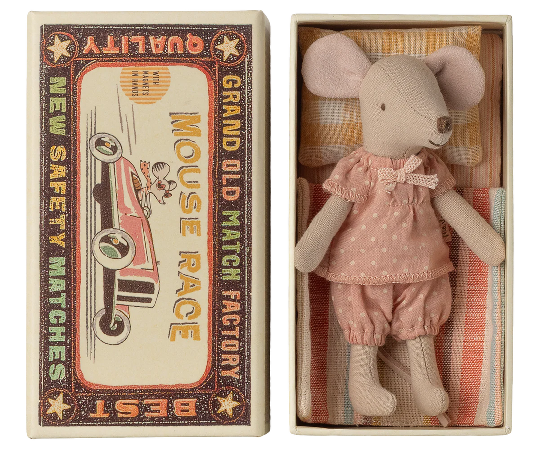 Snuggled in her matchbox, the Maileg Big Sister Mouse In Matchbox is one of the sweetest Maileg mice