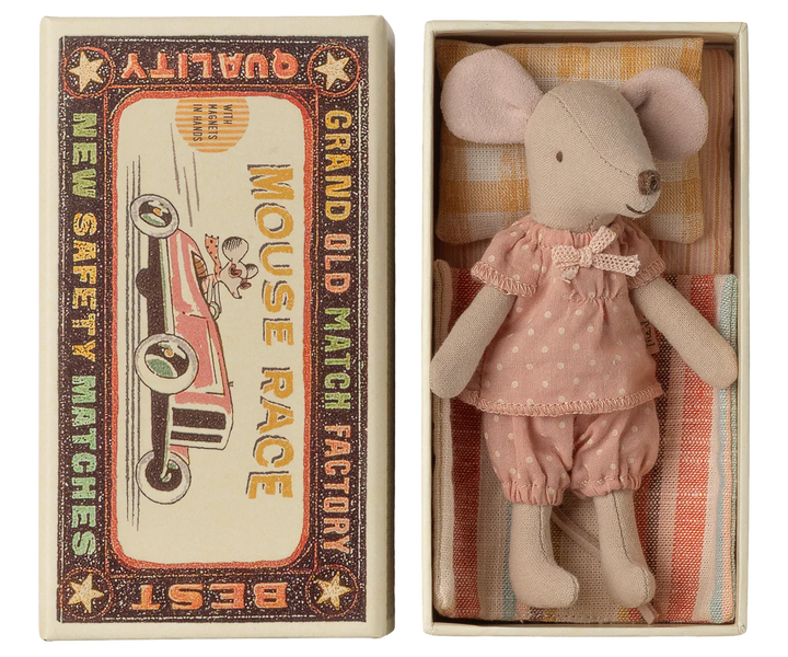 Snuggled in her matchbox, the Maileg Big Sister Mouse In Matchbox is one of the sweetest Maileg mice