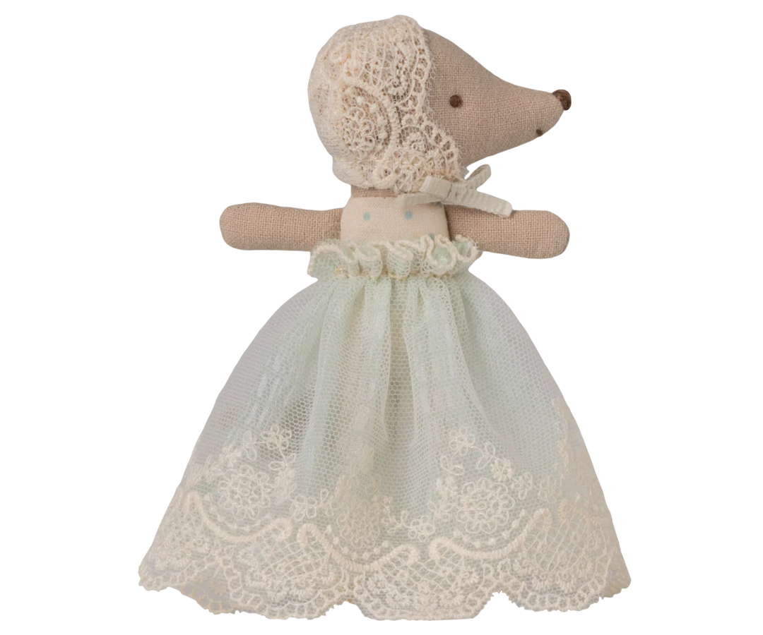Maileg Baby Mouse in Gown – Mint – tiny baby mouse doll in mint green gown, front view