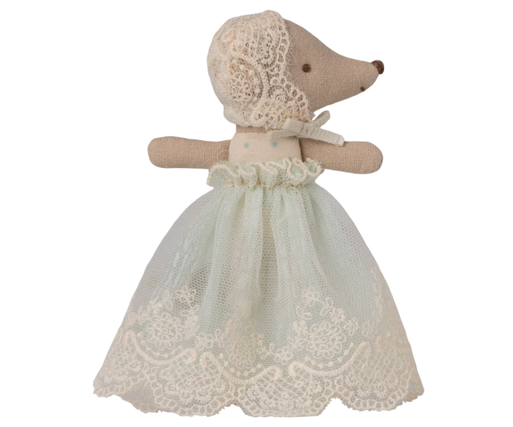 Maileg Baby Mouse in Gown – Mint – tiny baby mouse doll in mint green gown, front view