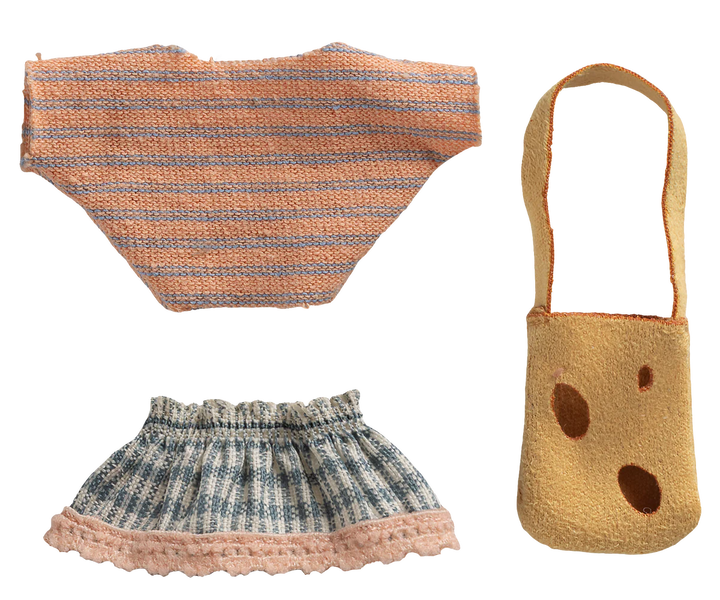Maileg Little Sister Mouse with Bag detail - embroidered dress and miniature bag for Maileg girl mouse