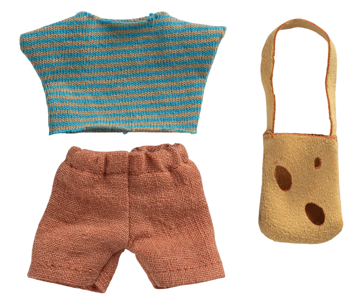 Maileg Little Brother Mouse with Bag detail - striped outfit and matching bag for Maileg boy mouse