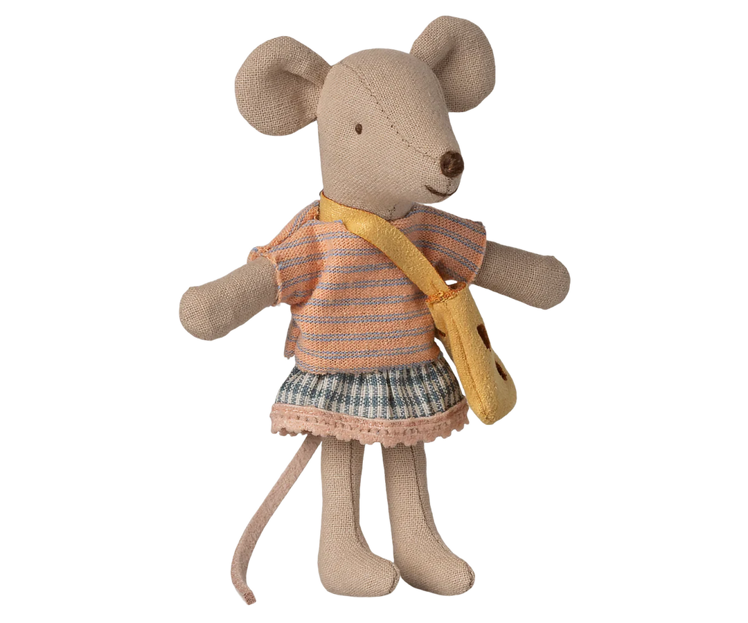 Maileg Little Sister Mouse with Bag - girl mouse doll in floral dress carrying a matching bag