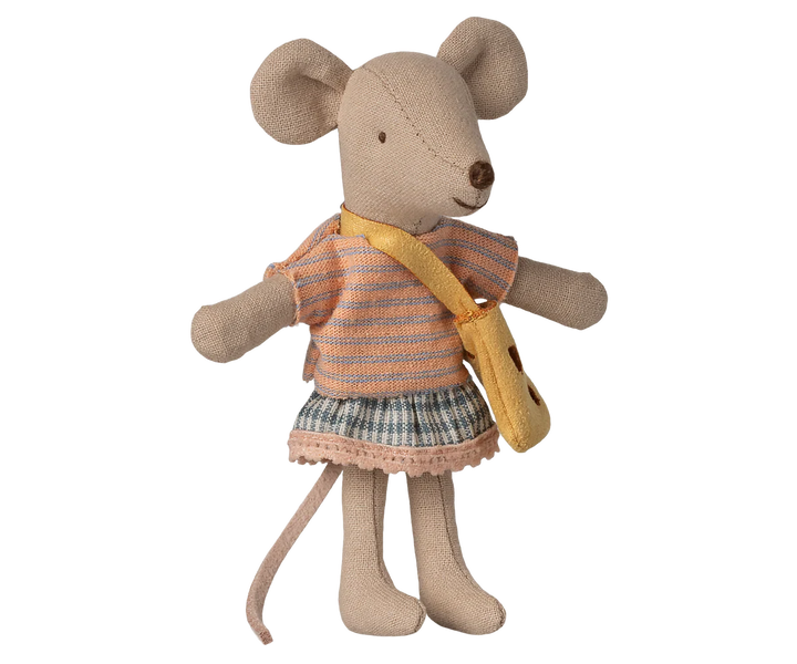 Maileg Little Sister Mouse with Bag - girl mouse doll in floral dress carrying a matching bag