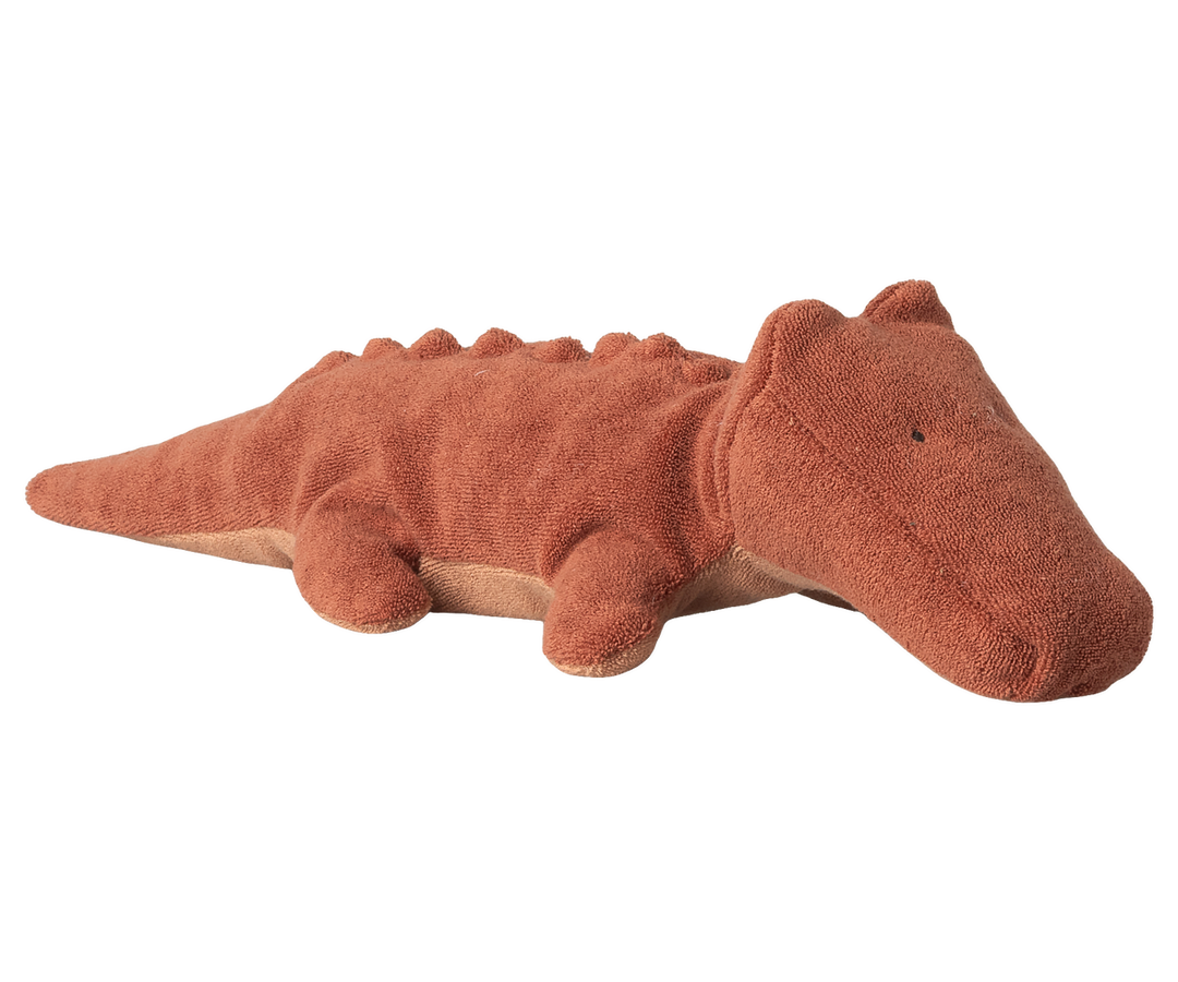 Maileg Safari Friends Crocodile Small Vintage Rose lying flat, rust ramie viscose weighted stuffed crocodile