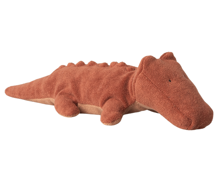 Maileg Safari Friends Crocodile Small Vintage Rose lying flat, rust ramie viscose weighted stuffed crocodile