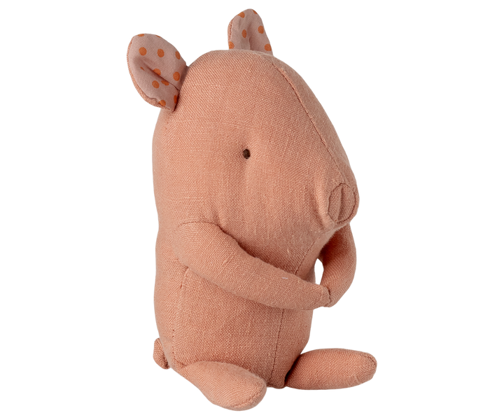 Maileg Lullaby Friends Pig Mini Rose soft linen pig plush, side view, newborn baby gift toy