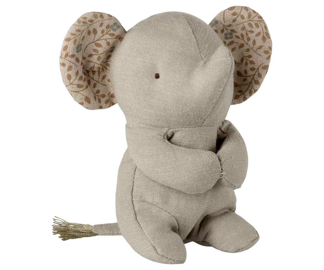 Maileg Mini Elephant Lullaby Friend in Iron Grey – soft grey plush elephant music box toy, front hero view
