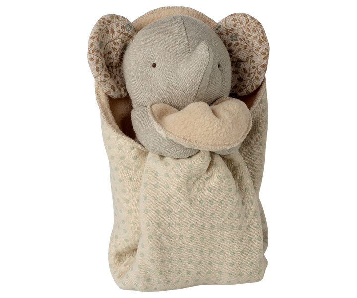 Maileg Mini Elephant Lullaby Friend Iron Grey close-up – embroidered face and grey velour texture detail on musical plush