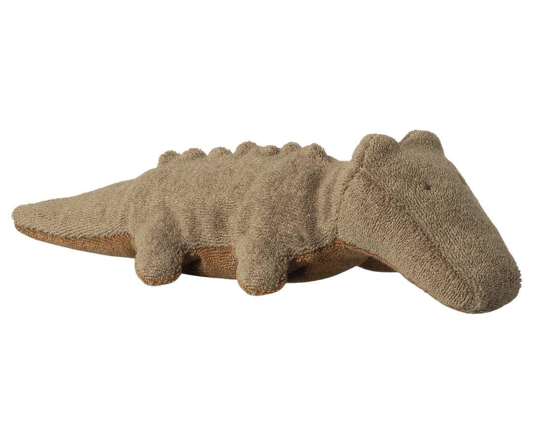 Maileg Safari Friends Crocodile Mini Olive Green lying flat, small ramie viscose stuffed crocodile toy