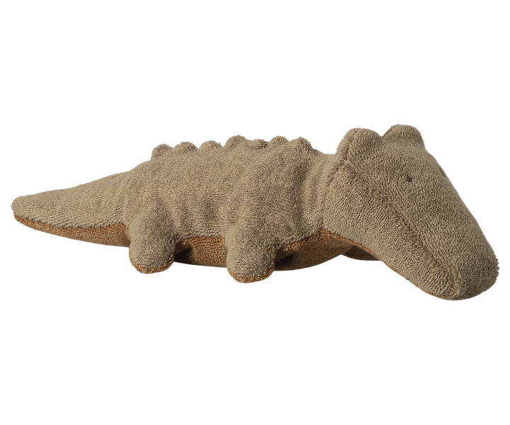 Maileg Safari Friends Crocodile Mini Olive Green lying flat, small ramie viscose stuffed crocodile toy