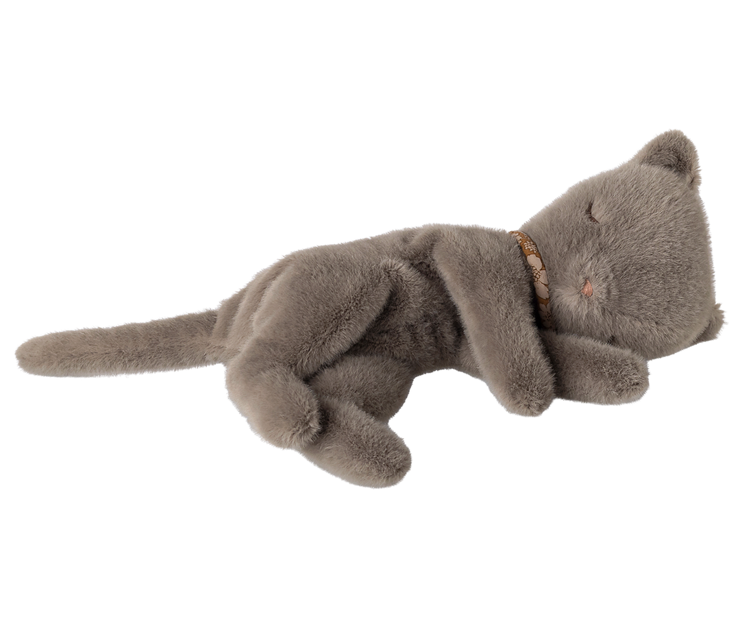 Maileg Sleeping Kitten Plush Small Grey, soft polyester sleeping cat with floral collar, side view