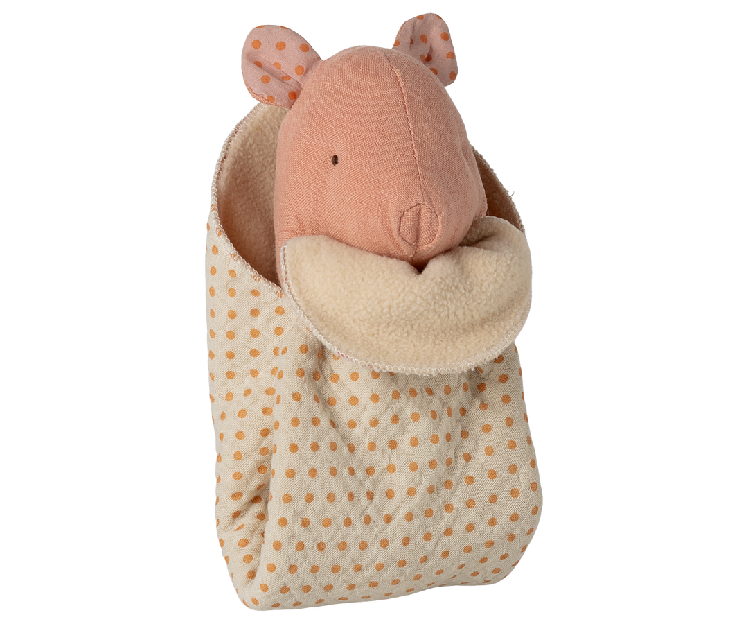 Maileg Lullaby Friends Pig Mini Rose in polka dot carry bag, newborn pig plush and cuddle cloth gift set