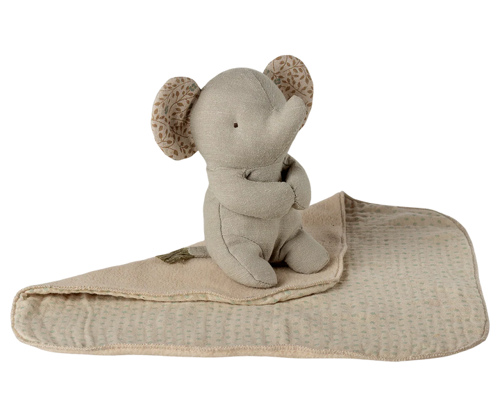 Maileg Mini Elephant Lullaby Friend Iron Grey with pull cord – side view showing lullaby music pull cord on soft grey elephant
