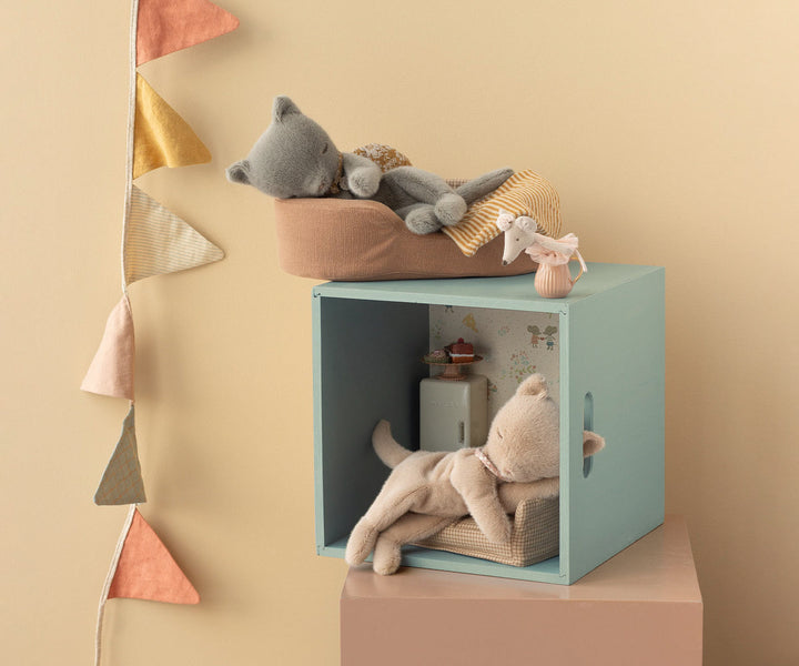 Maileg Sleeping Kitten Small Grey lifestyle scene with Maileg dollhouse nightstand and mouse characters
